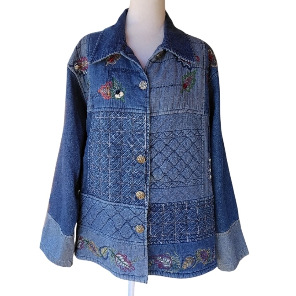 Vintage Keren Hart Cotton Denim Fall Leaf Embroidered Patchwork Jacket Size XL